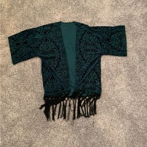 Green Velvet patterned duster with tassels